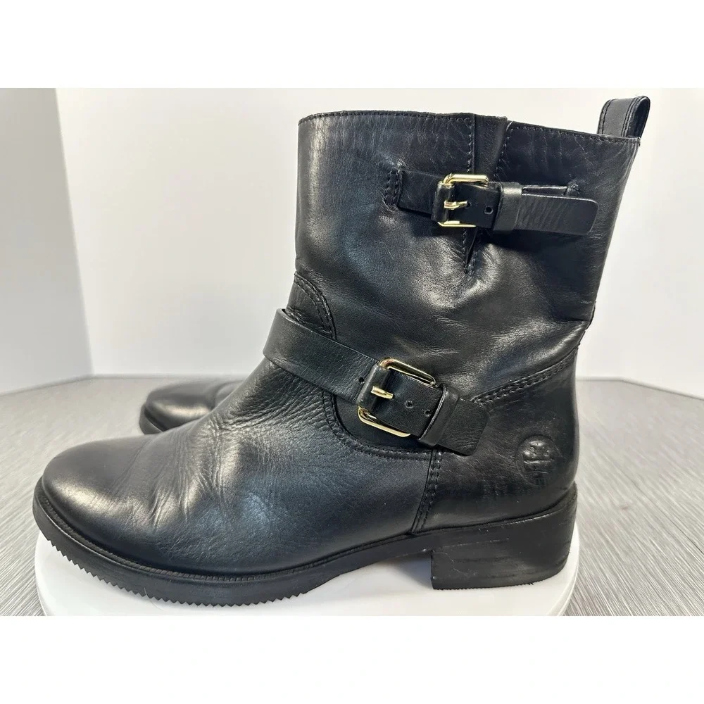 Tory Burch Bennie BLACK Leather Buckled Biker Ankle Boots size 9 Vibram‎ Soles